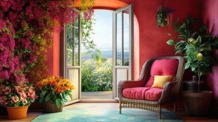 A cozy tea corner with herbal tea, vibrant flower arrangements, and a serene outdoor view.