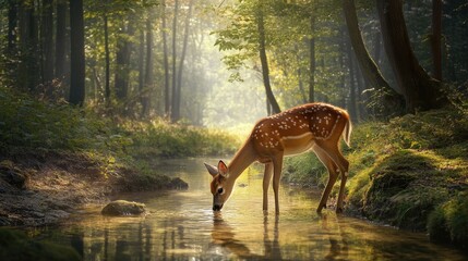 A deer drinks clear water from a peaceful stream in a dense green forest under soft sunlight.