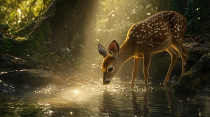Fototapeta premium A deer drinks clear water from a peaceful stream in a dense green forest under soft sunlight.