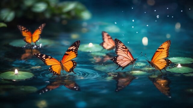 Orange Fairy Butterflies On Water with lotus flowers