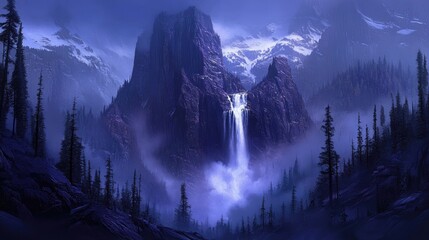 A hidden mountain waterfall surrounded by dense forest, with layers of fog creating a dreamy morning atmosphere.