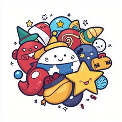 Happy Doodle Characters Whimsical Space Theme Fun Illustration Design