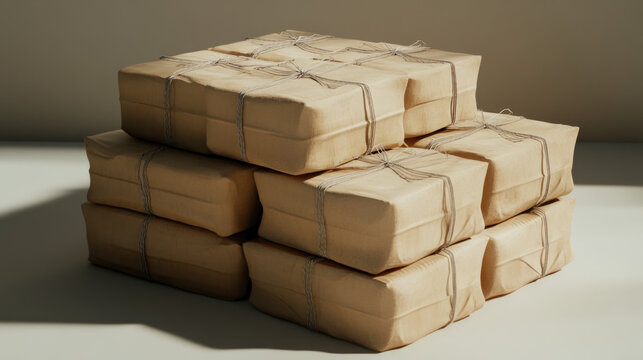 Stack of rustic, brown paper-wrapped packages tied with twine.