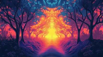 Vibrant Sunset Path Through A Colorful Forest