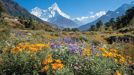 Vibrant Wildflower Meadow with Majestic Mountain Landscape