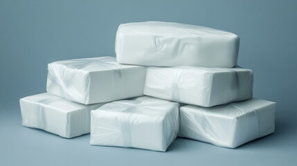 Stack of sealed white packages on blue background.