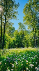 Obraz premium Lush Green Forest with Vibrant Wildflowers Under a Bright Sky