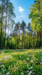 Fototapeta premium Vibrant Meadow Surrounded by Tall Trees Under Bright Blue Sky
