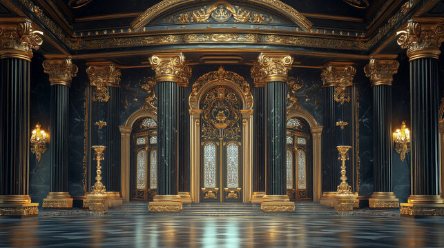 Grand Palace Hall with Black Marble and Gold Accents