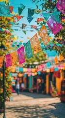 Fototapeta premium Colorful Papel Picado Decorations in a Vibrant Outdoor Market Scene