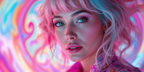 A woman with pink hair and pink makeup is standing in front of a colorful swirl background. The image has a playful and whimsical mood, with the pink. For Banner, poster, background, greeting card