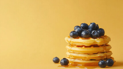 Stack of waffles topped with fresh blueberries and syrup against a yellow background.