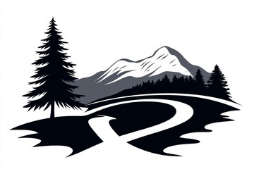 Monochrome mountain road scene with pine trees and snowy peaks