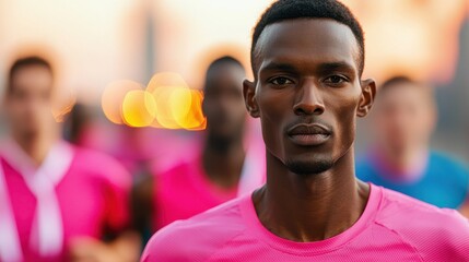Fototapeta premium A focused athlete in a pink shirt stands confidently, flanked by others in a vibrant, energetic setting, suggesting a spirit of competition and camaraderie.
