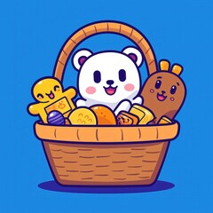 Fototapeta premium Adorable Polar Bear in a Gift Basket with Cute Treats
