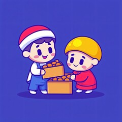 Happy Children Sharing Oranges Boxes Cartoon Illustration