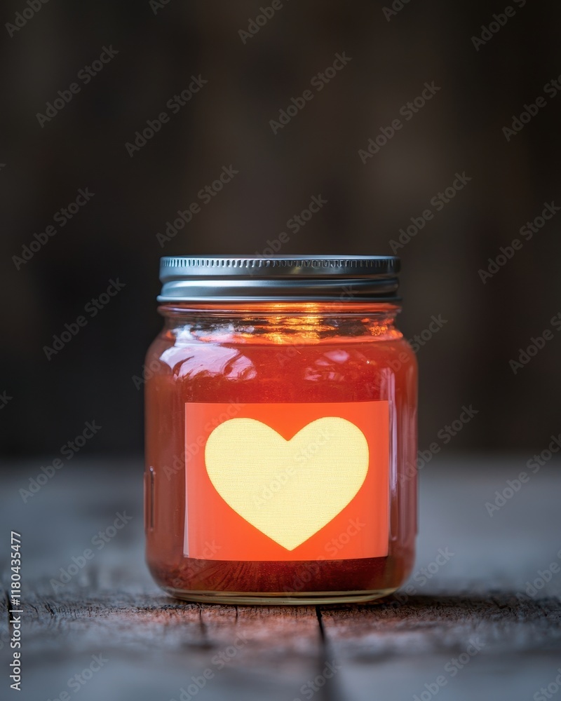 Poster a glowing jar with a heart design illuminates a rustic wooden background, creating a warm and inviti