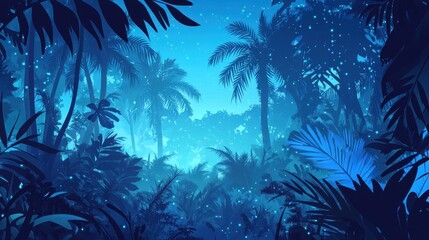 Enchanting Blue Tropical Night Scene With Fireflies