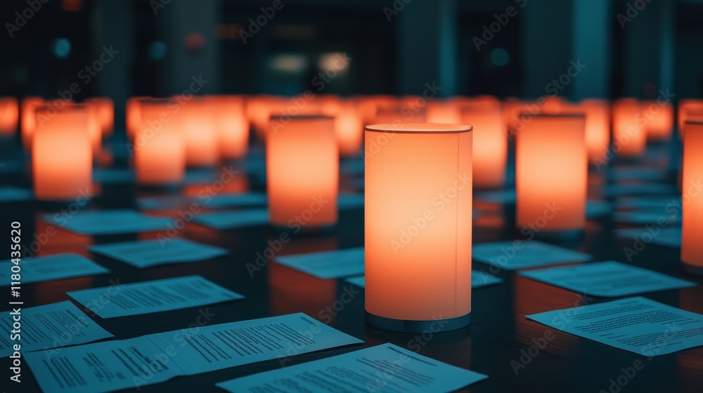 Poster a serene arrangement of glowing candles surrounded by sheets of paper, creating a tranquil and refle