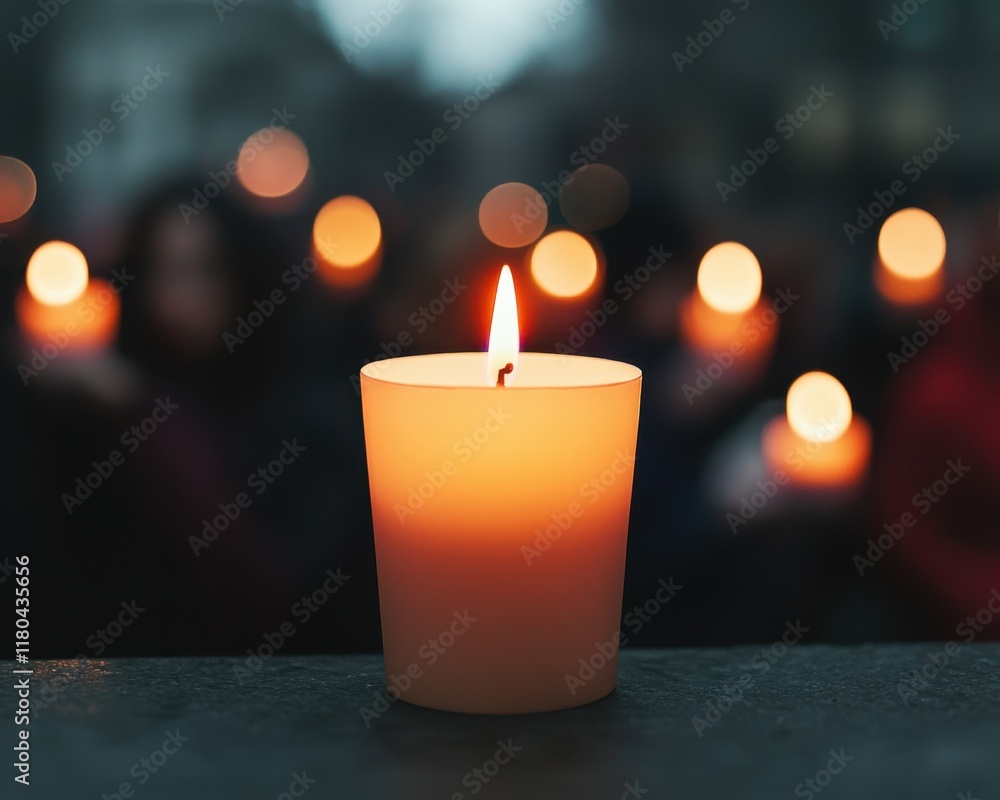 Poster a lit candle stands in focus, surrounded by a soft glow of other candles, symbolizing remembrance an