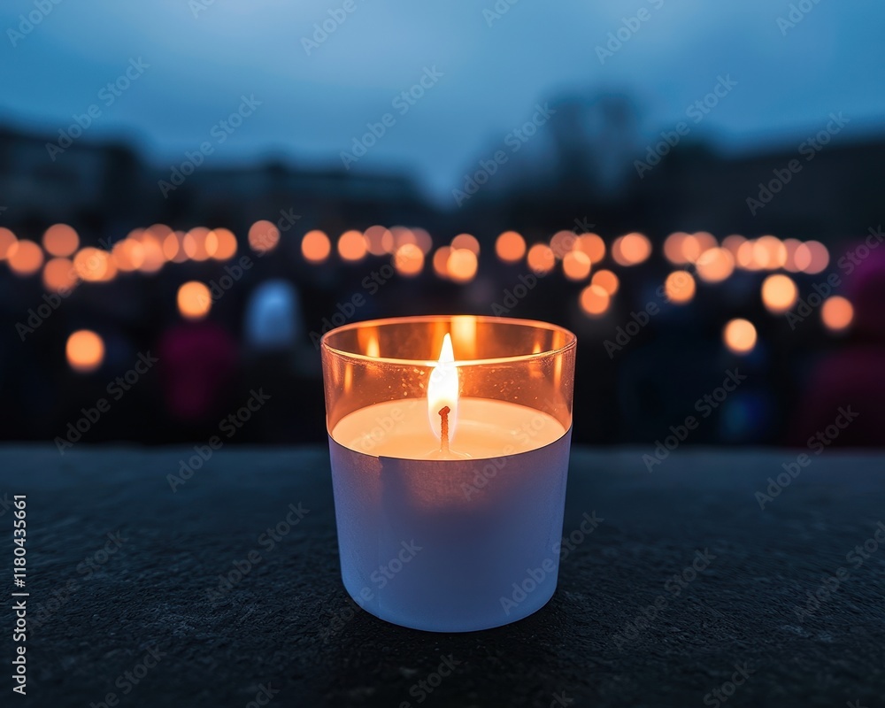 Poster a lit candle stands in focus against a blurred background of numerous candles, creating a serene and
