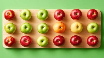 Colorful Apples Arranged on Wooden Board Fresh Fruit Green Background Healthy Eating