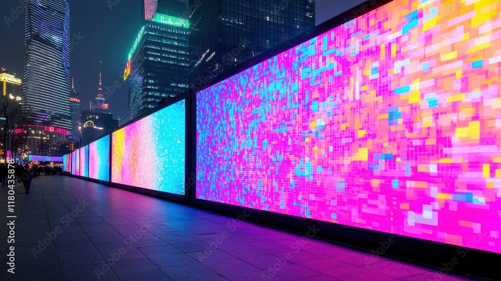 Poster a vibrant display of colorful lights and patterns on large screens, creating an eye-catching urban s