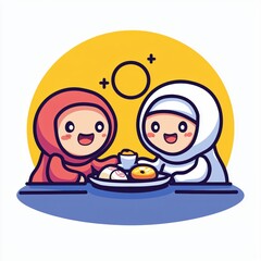 Naklejka premium Happy Muslim Girls Enjoying Tea and Sweet Treats Together
