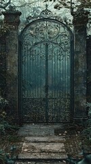 Fototapeta premium Enigmatic Iron Gate Surrounded by Overgrown Plants and Misty Atmosphere