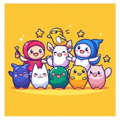 Fototapeta premium Adorable Cartoon Characters Happy Friends Group Fun Yellow Background