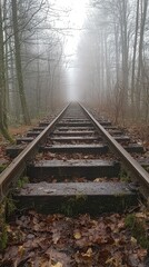 Fototapeta premium Foggy Railroad Tracks in a Misty Forest Landscape Scene