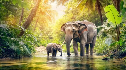 Fototapeta premium A mother elephant and her calf enjoying a cool dip in a natural stream amidst a dense green forest.