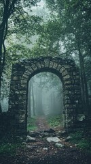 Obraz premium Mystical Stone Archway Surrounded by Mysterious Fog and Trees
