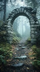 Fototapeta premium Mystical Stone Archway in Foggy Forest Trail Landscape