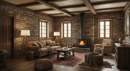 Cozy living room with fireplace and rustic stone interior design captures warmth and comfort