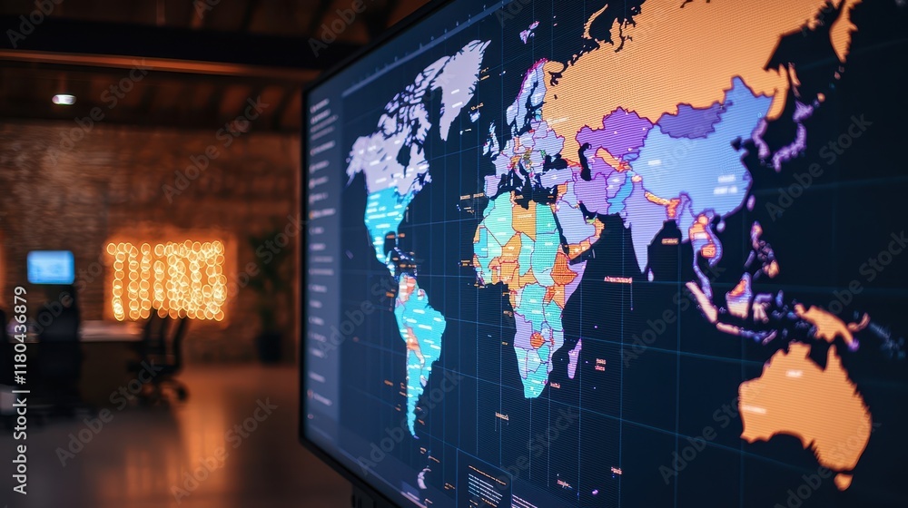 Poster a colorful world map displayed on a monitor, showcasing various regions and countries, set in a mode