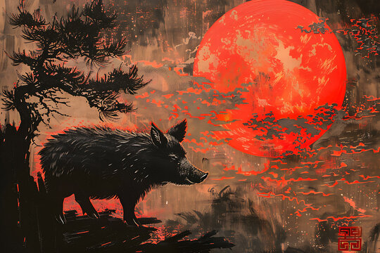 animal constellations, boar gazes at the hanafuda under the full moon