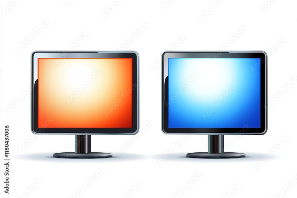 Poster dual computer monitors with gradient screens: orange and blue display