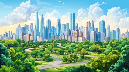 Obraz premium Lush green park winding road cityscape skyline.