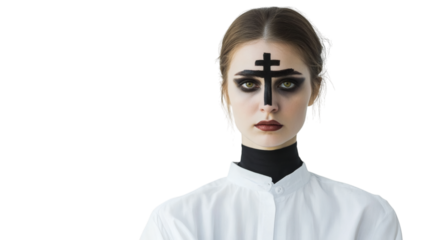 Portrait of a religious woman with a black cross on her face isolated on white background