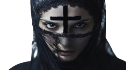 Portrait of a religious woman with a black cross on her face isolated on white background