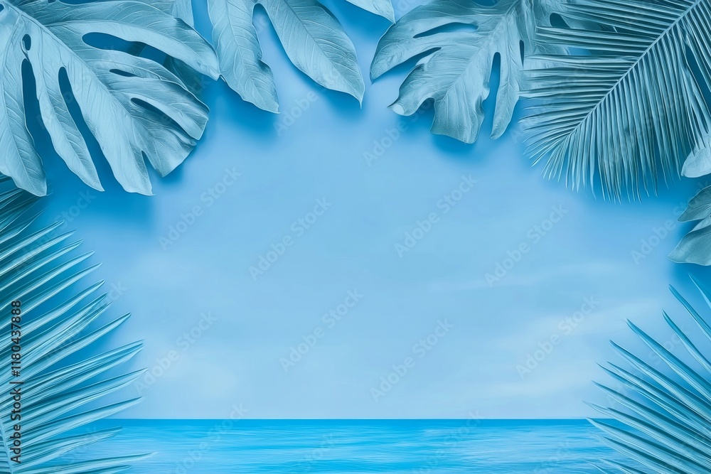 Poster blue background with a leafy border and a blue ocean in the foreground