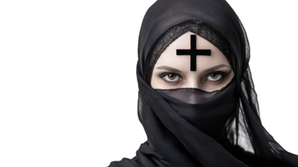Portrait of a religious woman with a black cross on her face isolated on white background