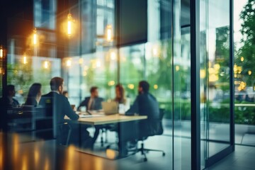Group of people are sitting around a table in a conference room