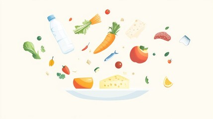 Healthy food ingredients flying onto plate,  white background, meal prep