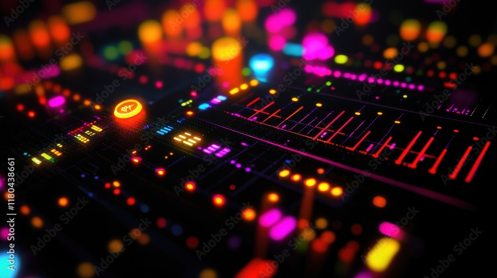 Poster futuristic audio mixer with colorful lights and controls indicating ongoing music production, creati