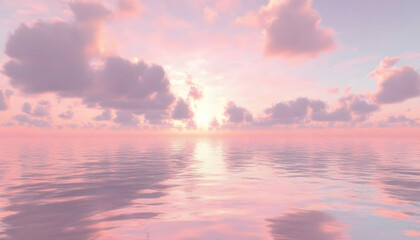 A peaceful seascape with a soft pastel pink sunset reflecting on the calm ocean waters, background, wallpaper