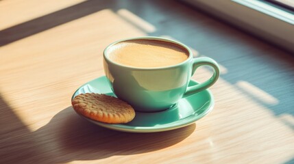 Obraz premium A simple, elegant setup of coffee and cookies on a saucer, placed on a sunny kitchen table.