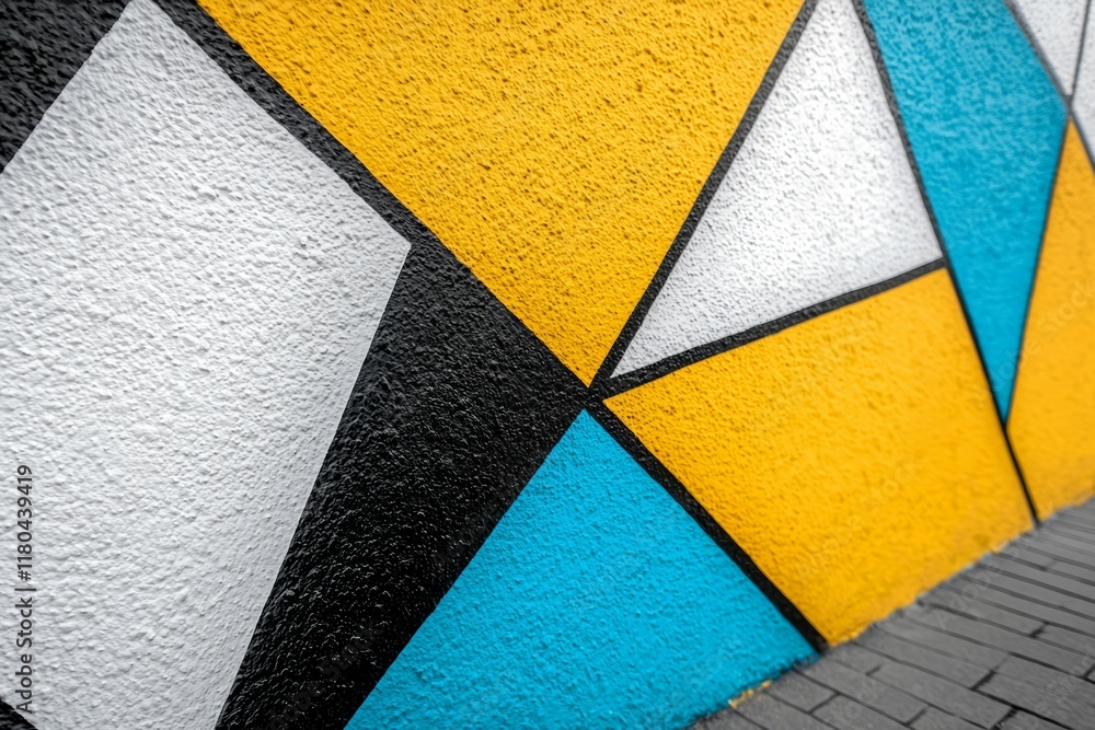 Poster wall with a colorful design of squares and triangles