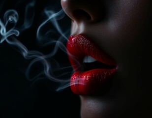 Obraz premium Crimson Lips and Smoke: A Dramatic Beauty Close-Up